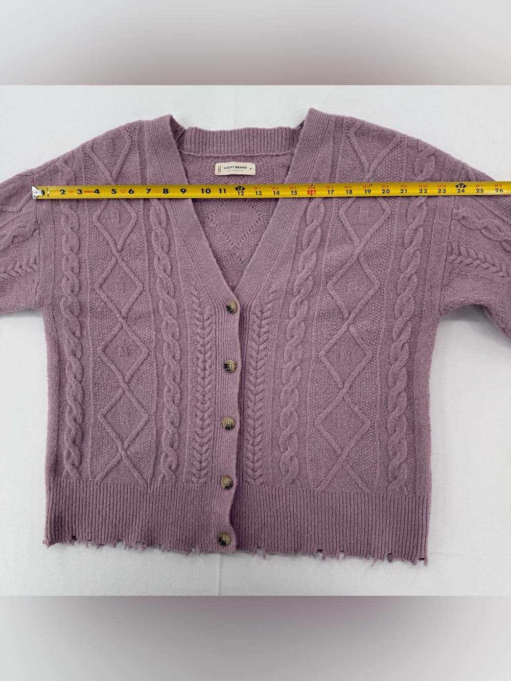 Lucky Brand Dusty Lilac Cable Knit Cardigan Sweater Medium Distressed Hem - Picture 8 of 15